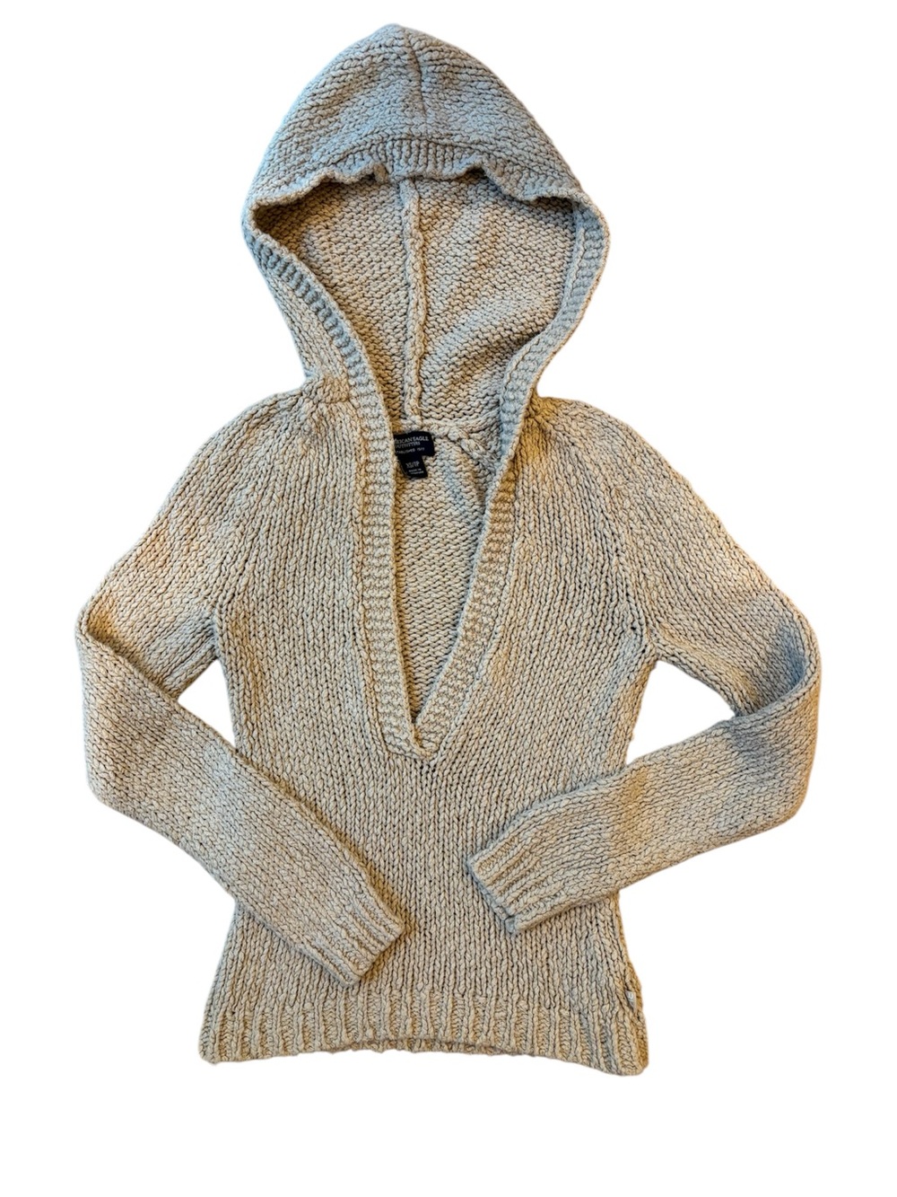 Vtg American Eagle Hooded Sweater Y2K Beige 100% Cotton Size XS